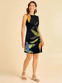 CAJUNI Women's Apricot Base Coconut Tree, Parrot And Tropical Fruit Print, Round Neck Sleeveless Fitted Ruched Print Summer Vacation Beach Mini Dress - Black - View 3