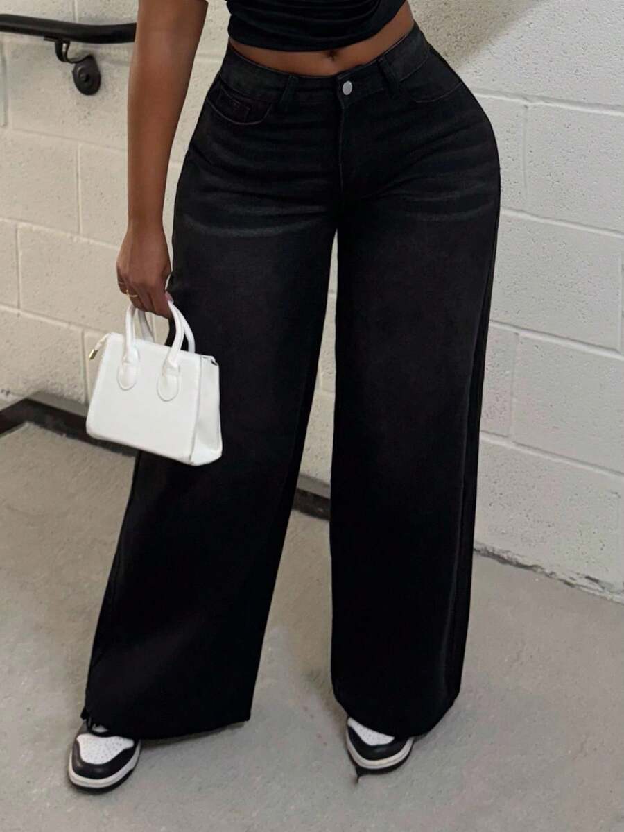 Alexandranx Women's Pocketed Wide Leg Relaxed Casual Versatile Jeans, Women Jeans,Black, Jeans Wide Leg - Black - View 1