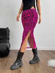 SHEIN EZwear 女性夏季半腿裙，整體打褶設計，綁繩開叉設計，採用印花布料 - 玫紅色 - 查看 3