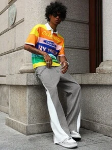 PAVTROS 撞色拼接宽松高腰阔腿牛仔裤，修身显瘦，适合所有季节 - 灰色 - 查看 6