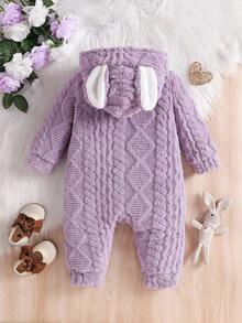 SHEIN 婴儿男女通用可爱毛绒兔耳连帽连体衣，秋冬季紫色婴儿外套连体衣，男女通用婴儿服装，中性婴儿服装 - 紫丁香色 - 查看 2