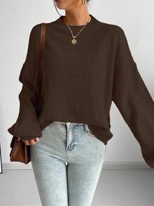SoleilVie Casual French Style Loose Fit Crew Neck Long Sleeve Knit Sweater, Versatile For Autumn/Winter - Coffee Brown - View 3