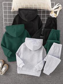 SHEIN 6 件儿童/青少年男童休闲字母图案连帽运动衫和宽松针织裤 2 件套，3 种颜色（红色、黑色、灰色），适合通勤、上学、日常休闲、旅行、运动、所有季节 - 墨綠色 - 查看 2