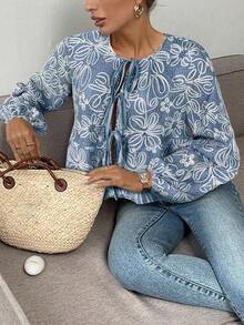 Serisse 女士度假花卉提花系带灯笼袖衬衫 - 霧霾藍 - 查看 5