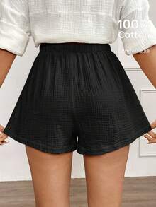 SHEIN LUNE Women's Casual Comfortable Cotton Elastic Waist Shorts, Suitable For Daily Leisure And Retro Outfits, Summer - Black - View 4