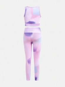 SHEIN Sparklyn 2件套年轻女孩扎染印花吊带背心和运动裤瑜伽健身服 - 彩色 - 查看 2