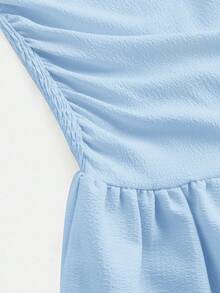 青少年女孩休闲简约舒适褶皱设计无袖泡泡袖连衣裙 - 淺藍色 - 查看 3
