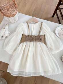 SHEIN Young Girl Fashionable PU Vest & Chiffon Long Sleeve Dress Set - Pink - View 3