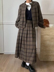 DAZY Women's Casual Vintage Plaid Loose Stand Collar Long Sleeve Jacket & Pleated Skirt Woolen 2-Piece Set, Autumn/Winter - Grey - View 3