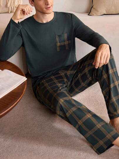 Manfinity Underwear&Sleepwear Basics 加大码男士两件套长袖上衣和格子裤睡衣套装，带口袋，家居服（柔软舒适），圣诞节