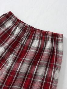 2pcs/Set Tween Boy Casual Plaid Long Sleeve Top And Loose Fit Pants Loungewear Set Fall Winter - Red - View 5