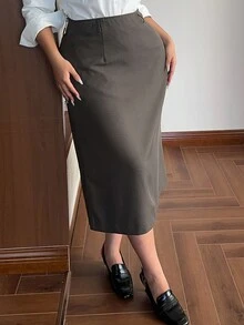 Dazy Plus 大码女式修身中长直筒裙，商务休闲通勤风格，春秋季 - 灰色 - 查看 6