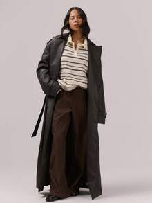 MUSERA 仿皮腰带系带细节翻领长款风衣，优雅晚装冬季复古风外套，尽显高贵气质。 - 咖啡棕 - 查看 5