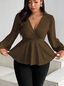 Vionelle Áo thun nữ tay dài cổ chữ V tay phồng xếp nếp họa tiết dệt kim viền eo màu mơ cỡ lớn - màu nâu - Xem 6