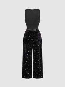 SHEIN MOD جمبسوت فضفاضة واسعة الساق مجعدة باللون الأسود مع حزام - لامعة، كاجوال، فينتاج، للمواعدة، الحفلات، Y2K، للمناسبات الاحتفالية وأعياد الميلاد - الأسود - مشاهدة 2
