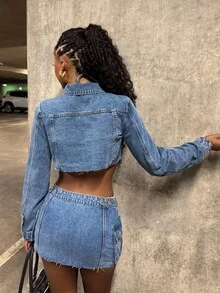 StreetHx Bộ áo khoác lửng và chân váy denim mini thường ngày cho nữ - Màu xanh lam - Xem 2