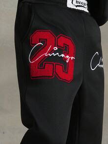 PAVTROS 男款芝加哥 23 3D 刺绣运动衫，黑色，23 运动裤，芝加哥运动裤，Y2k 运动裤，黑色图案运动裤，男款运动裤，2000 年代风格 - 黑色 - 查看 3