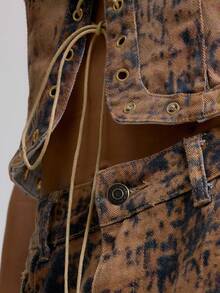 MUSERA 低腰系带阔腿牛仔奶牛纹牛仔裤，仅限夏季节日度假可爱性感牛仔女郎春季伊比沙岛西部乡村音乐会锐舞派对时尚 - 棕色 - 查看 6