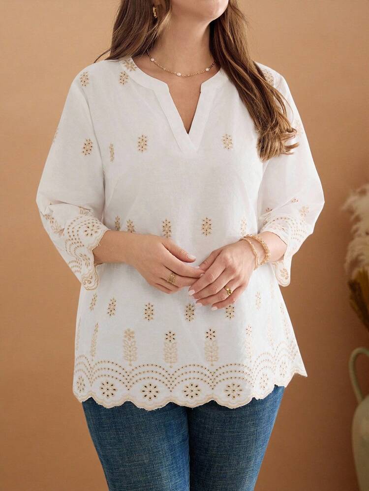 Plus Size Women's Burnout Embroidered Notched-Neck 3/4 Sleeve Loose Casual Blouse,Fall Plus Size,Formal Tops For Women,Business Casual Woman,Classy For Women,For Stylish Everyday Wear,Fall For Women,Elegant Women's Blouses,Chic Autumn