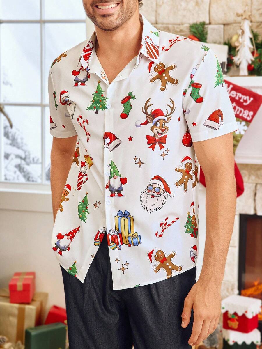 HIMLAND Men's 3D Digital Placement Santa Claus Print Casual Short Sleeve Polo Shirt Matching Pajama Couple Hawaiian For Couples Couple Set Hawaii Couple Matching Couple Matching Shirt, For Christmas