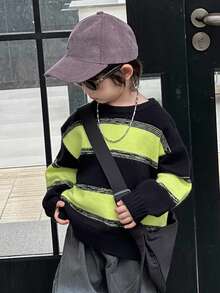 DAZY Young Boys Striped Loose Fit Colorblock Crew Neck Long Sleeve Sweater, Casual For Autumn - Black - View 3