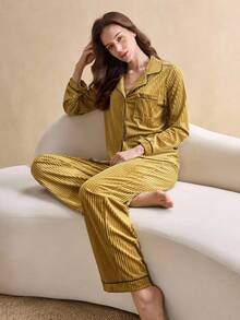 女士长袖天鹅绒睡衣套装休闲套装，秋冬装 - 墨綠色 - 查看 1