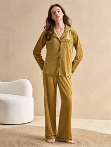 女士长袖天鹅绒睡衣套装休闲套装，秋冬装 - 墨綠色 - 查看 3