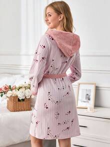 EURMUSE Women Pelush Fuzzy Fabric With Star&Polka Dot Pattern Belted Homewear Comfort Robe - Pink - View 2