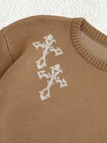 RueChic Men Cross Pattern Crew Neck Regular Sweater - Brown - View 6