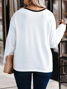 EMERY ROSE 女式休闲拼色V领基本款长袖加大码T恤，秋冬 - 白色 - 查看 2