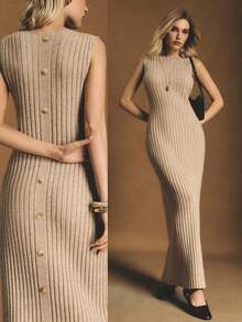 Poéselle Rochie maxi tricotată, elegantă, fără mâneci, în culoarea unui singur material, potrivită pentru naveta - Caisă - Vizualizare 6
