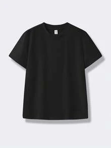 SHEIN 青少年男童纯色休闲百搭舒适圆领短袖 T 恤，适合通勤、上学、日常休闲、度假、运动、春夏季 - 黑色 - 查看 2
