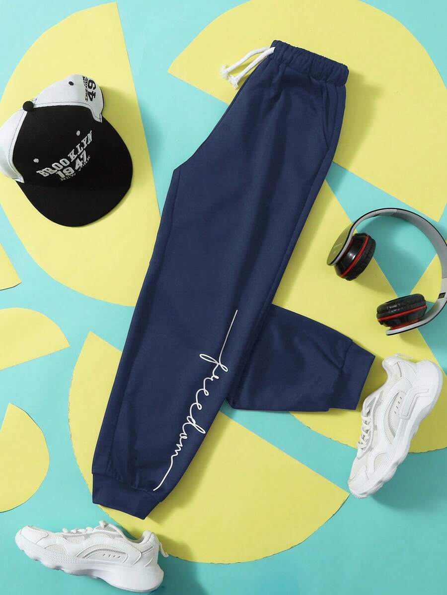 SHEIN 青少年男孩休闲针织抽绳腰运动裤，字母图案 - 藏蓝色 - 查看 1