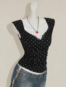 SHEIN ICON Women's Sexy Millennial Style Y2K Young Fashion Black Background White Polka Dot Sweetheart Neckline Splicing Lace Lace Open Back Slim Knit T-Shirt - Multicolor - View 7