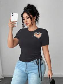 Elenzga Plus Size Round Neck Short Sleeve Casual T-Shirt With Side Tie Drawstring And Heart Shaped Pearl Decor - Dark Grey - View 1