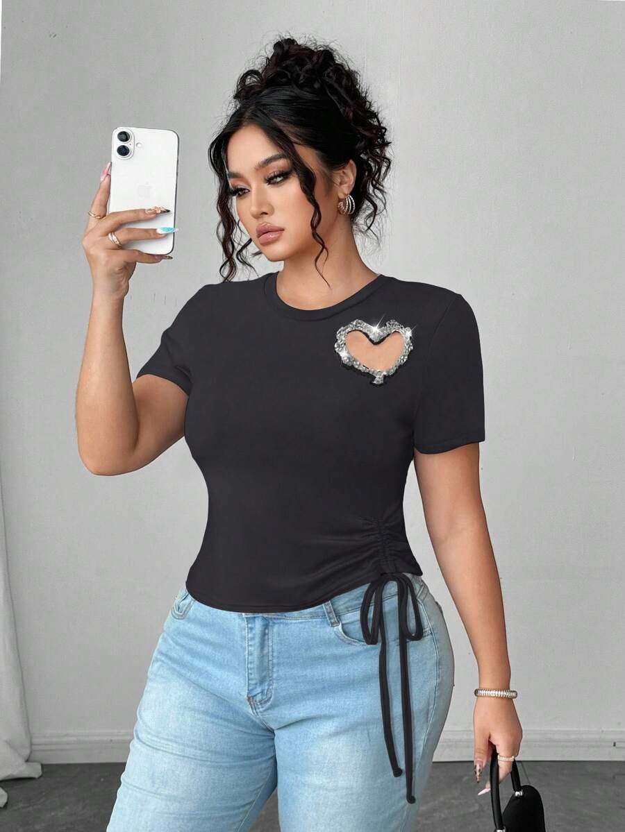 Elenzga Plus Size Round Neck Short Sleeve Casual T-Shirt With Side Tie Drawstring And Heart Shaped Pearl Decor - Dark Grey - View 1