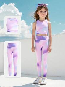 SHEIN Sparklyn 2件套年轻女孩扎染印花吊带背心和运动裤瑜伽健身服 - 彩色 - 查看 3