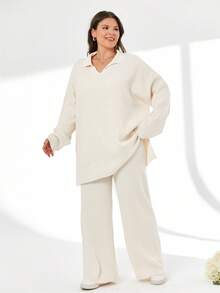 EURMUSE Plus Size 2pcs/Set Solid Color Turn-Down Collar Sweater And Pants Outfit, For Winter - Beige - View 3