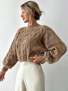 Mock Neck Drop Shoulder Cable Knit Sweater