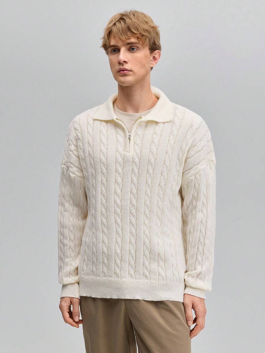 OFFICEAU 男士 Old Money 绞花针织半拉链 Polo 衫，宽松版型，纯杏色，秋冬款 - 杏色 - 查看 1