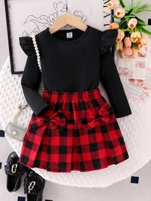 Girls' Christmas Plaid Cap Sleeve Ribbed Top & Pleated Bowknot Plaid Skirt 2-Piece Set, Comfortable Design, Spring/Autumn Fall Winter - Black - View 1