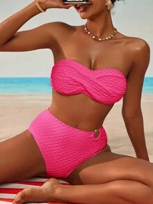 Swim Basics Bộ bikini họa tiết màu trơn cho kỳ nghỉ ở bãi biển - Màu Hồng Tươi - Xem 5