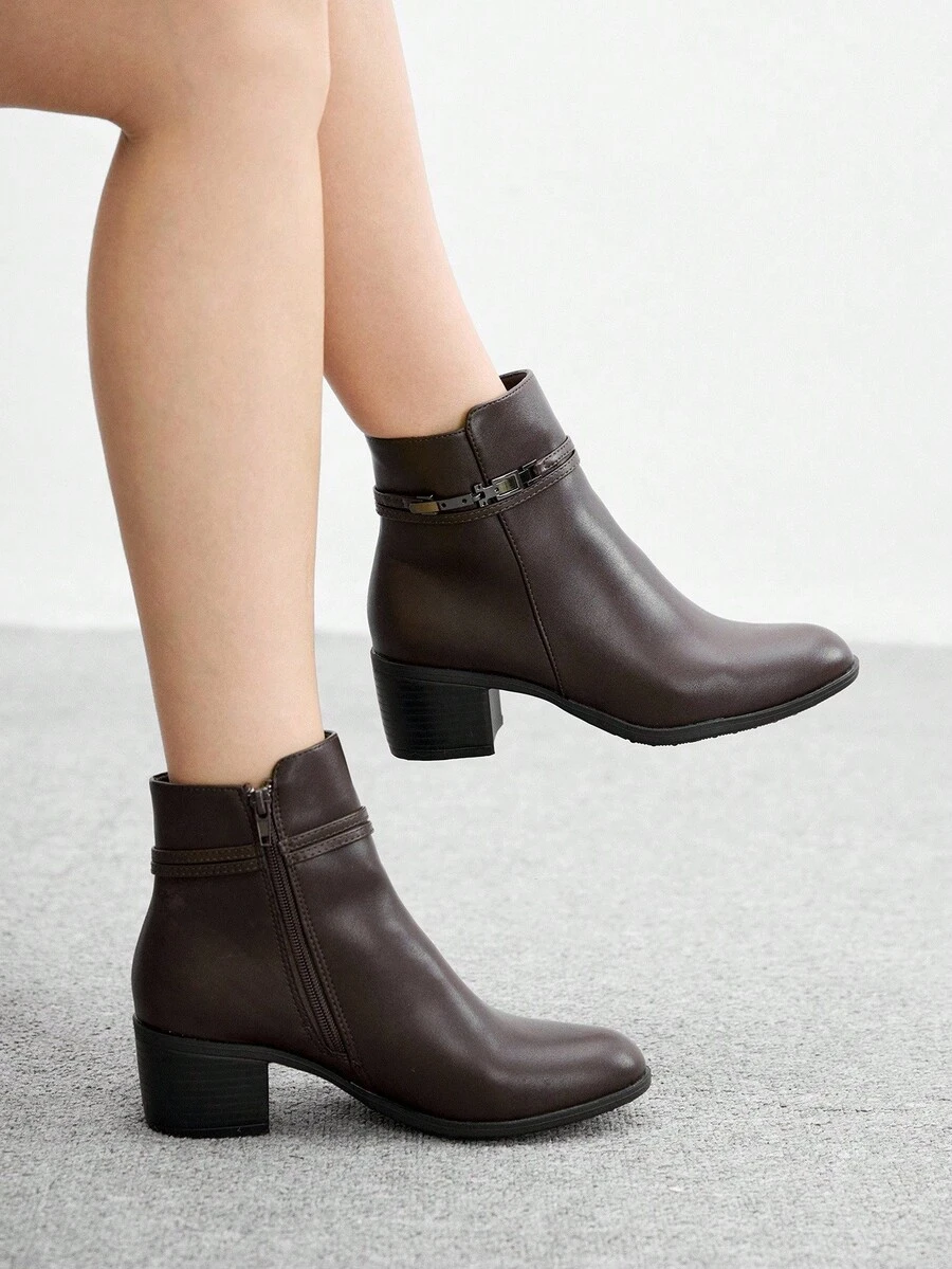 CUCCOO BIZCHIC 时尚百搭通勤简约舒适百搭海军蓝条纹粗跟踝靴