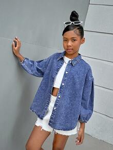 SHEIN Tween Girl Y2K Casual Stonewashed Drop Shoulder Baggy Soft Denim Shirt,Tween Girl Back To School Clothes Outfits - Dark Wash - View 5