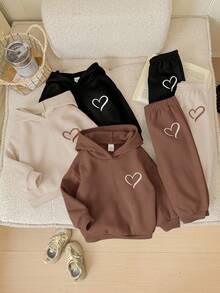 SHEIN 6件套女婴可爱纯色心形图案连帽卫衣和松紧腰裤，秋冬 - 彩色 - 查看 6