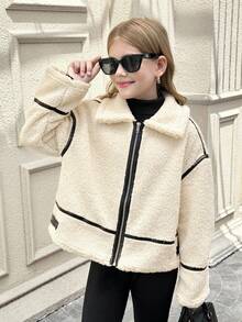 SHEIN Tween Girl White Winter Casual Lamb Wool Jacket,Oversized Faux Fur Collar Contrast Trim Zipper Pockets Loose Drop Shoulder Autumn Coat Outgoing Outing - Beige - View 10
