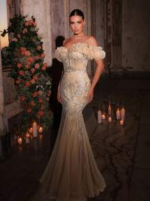 Glamrae Elegant Light Blue Luxurious Fully Beaded Embroidered Off-Shoulder Mesh Ruffle Nude Lining Sheer Mermaid Maxi Dress With Adjustable Back Tie, Suitable For Dates, Vacations, Parties, Weddings, Formal Events - Champagne - View 6