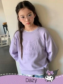 DAZY HELLO KITTY AND FRIENDS | SHEIN 少女卡通字母压花圆领落肩超大卫衣 - 紫色 - 查看 4