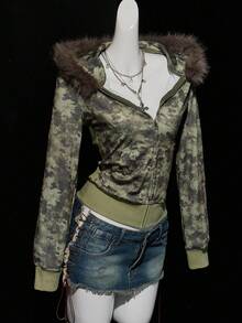 SHEIN ICON 女士复古迷彩毛绒常规夹克 - 軍綠色 - 查看 6