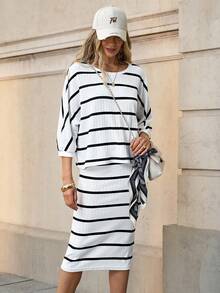 Solivie Women's Striped Round Neck 3/4 Sleeve T-Shirt And Mini Skirt Casual 2 Pieces Set In Fall/Winter